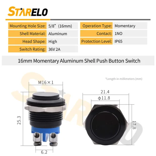 Miniatura 3 de STARELO 16 mm 5/8" Interruptor de botón momentáneo redondo alto 250 V de CA 5 A 12 V 36 V de CC 2 A 1NO SPST impermeable con carcasa de aluminio