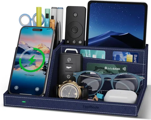 Miniatura 12 de TopMade Organizador de mesita de noche de escritorio con cargador inalámbrico, soporte de cuero para bolígrafos, accesorios de oficina, estación