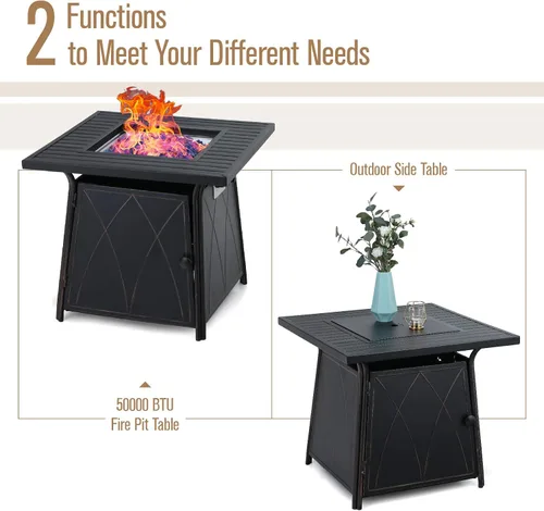 Miniatura 2 de MFSTUDIO Mesa para fogata de gas de 28 pulgadas, 50000 BTU de acero propano a rayas cuadrada con tapa y vidrio azul para patio, patio trasero y Negro