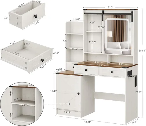 Miniatura 6 de NUNU LAB Escritorio de tocador con espejo y luces, juego de tocador de maquillaje con estante de almacenamiento y 5 cajones, tocador de dormitorio