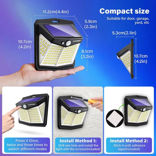 Miniatura 6 de CLAONER - Luces solares para exteriores, [128 LED/8 paquetes], luces solares con sensor de movimiento, 3 modos de trabajo, luces de pared con ángulo