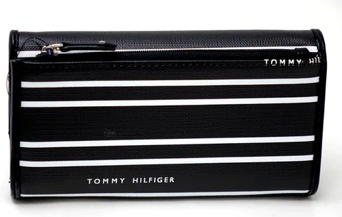 Miniatura 3 de Tommy Hilfiger Bolso de embrague de cartera de chequera a rayas con logotipo blanco y negro