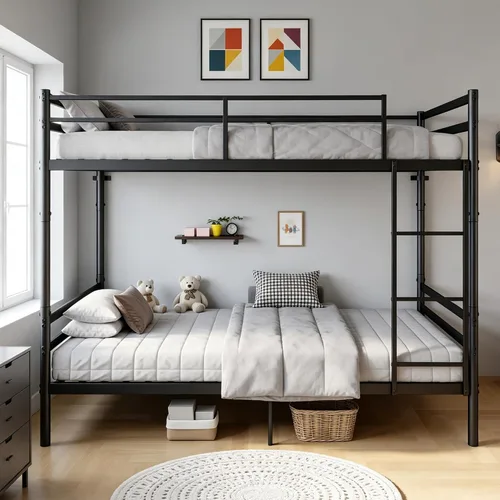 Bellemave Convertible Twin Over Twin Metal Bunk Bed Frame, Heavy Duty Bunk Bed with Guardrails & Ladder for Kids Teens Adults, Black