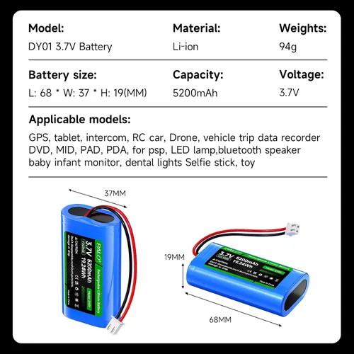Miniatura 9 de Batería de iones de litio de 5200 mAh 3.7 V con enchufe JST-PH JST 2.54/2P (no JST-PH 2.0 2 pines), batería recargable de litio de 3.7 voltios