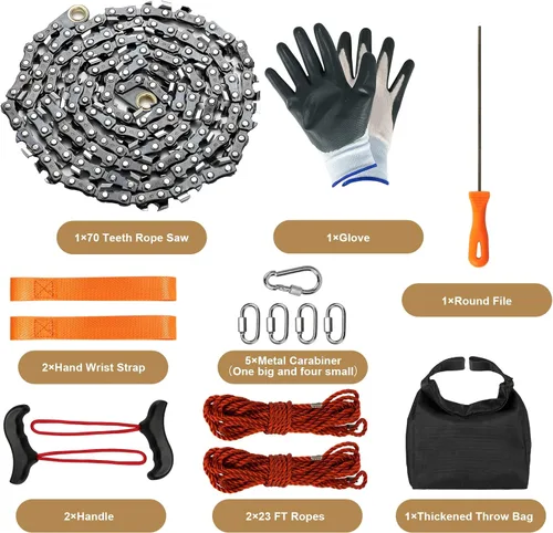 Miniatura 5 de Sierra de cuerda para ramas de árbol, sierra de cadena de 55 pulgadas con 70 dientes afilados y kit de cuerdas de 46 pies, motosierra de bolsillo
