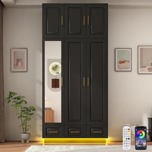 Miniatura 7 de Hlivelood Armario Grande Ropero Gabinete con Cajones y Luces LED, Estantes de Múltiples Niveles, Barra para Colgar, Armario de Gran Capacidad