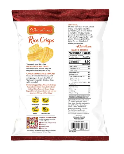 Miniatura 2 de Wai Lana Chips Rice Crisps - Queso Nacho, sin gluten, vegano, sin OMG, 2.65 oz (12 unidades)
