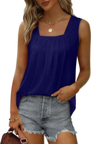 Miniatura 77 de Saloogoe - Camisetas sin mangas veraniegas para mujeres, plisadas con cuello cuadrado y dobladillo curvado, blusas de ajuste holgado con movimiento