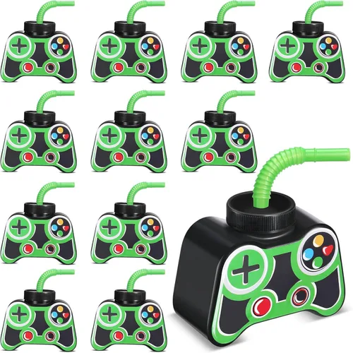 Mifoci Vasos de plástico para fiestas de videojuegos, 12 unidades, con pajita y tapa, 10 onzas, tazas temáticas de cumpleaños para jugadores 7º,