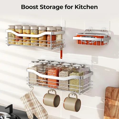 Miniatura 5 de Orimade Cesta de ducha con 5 ganchos, organizador de baño, estante de almacenamiento de cocina, adhesivo montado en la pared, sin perforaciones