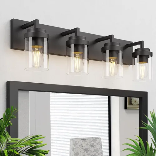 Lámpara de tocador de baño, 4 luces, color negro mate, con pantalla de vidrio transparente, luz de tocador de granja de 30 pulgadas, accesorios de