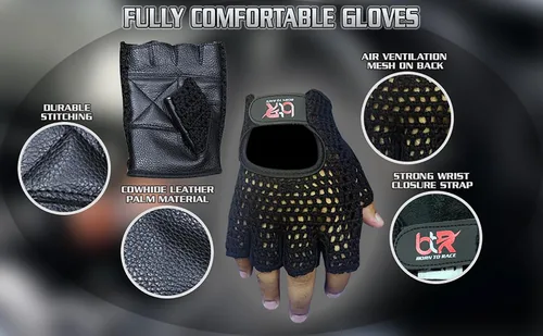 Miniatura 3 de Guantes de conducción de chófer de malla sin dedos, piel de vaca, palma de algodón, espalda de ganchillo, ciclismo, guantes para silla de ruedas