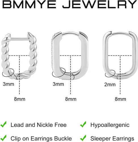 Miniatura 4 de BMMYE Aretes de aro de plata de ley para mujer, aretes cuadrados para cartílago, pequeños y gruesos, para múltiples piercings