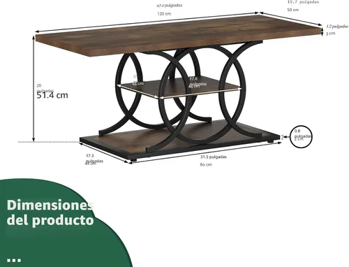 Miniatura 2 de GiftGo Mesa de café rústica con almacenamiento industrial de 3 niveles, mesa de centro de madera rectangular estilo granja para sala de estar, mesa