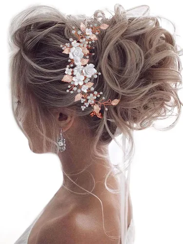 Miniatura 10 de Unicra Flor novia pelo vid perla pieza de pelo nupcial hoja accesorios para el pelo diadema de diamantes de imitación para mujeres y niñas (dorado)