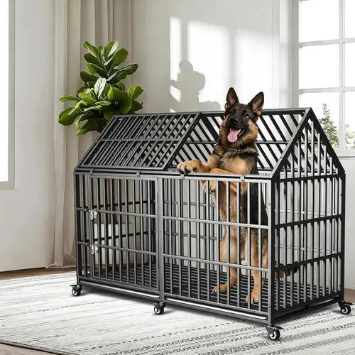 Miniatura 9 de Jaula extra grande para perros grandes, jaula resistente de 64 pulgadas, perrera indestructible para perros de alta ansiedad, ruedas con cerradura