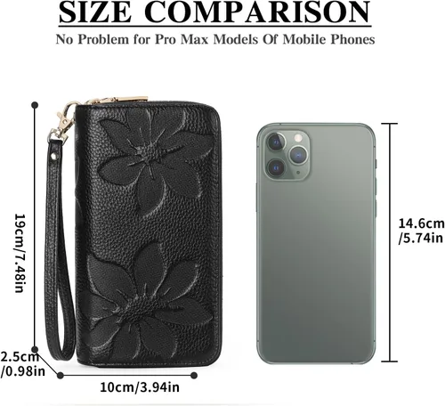 Miniatura 7 de GOIACII Cartera de mujer de gran capacidad con doble cremallera para mujer, soporte para teléfono con bloqueo RFID, correa de cuero