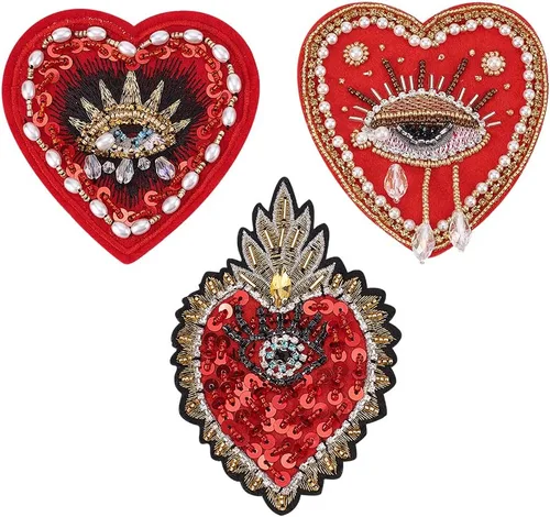 INFUNLY Parches de ojos malvados con cuentas en forma de corazón, parches bordados con strass, 3 estilos de lentejuelas, parches de aplique con
