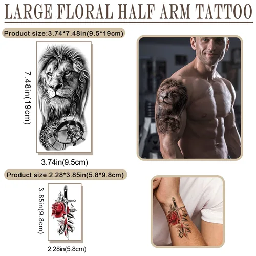 Miniatura 3 de Yazhiji 77 hojas de tatuajes temporales impermeables para niñas o niños, 17 hojas más grandes de medio brazo, lobo, tigre, león, tatuajes falsos