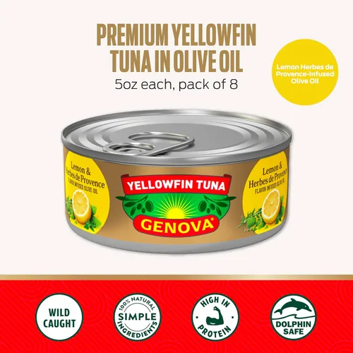 Miniatura 3 de Genova - Atún de aleta amarilla premium en aceite de oliva infundido con limón y hierbas de Provenza, latas de 5 onzas (paquete de 12), sólido ligero