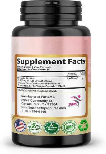Miniatura 2 de Pueraria Mirifica Capsules, sin rellenos, 1000 mg diarios, suplemento de extracto de raíz orgánico, 60 cápsulas vegetales para hombres, mujeres
