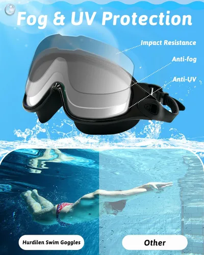 Miniatura 4 de Gafas de natación antivaho anti UV, visión amplia y sin fugas, gafas de natación y gorro de natación para hombres, mujeres, adultos y jóvenes Negro