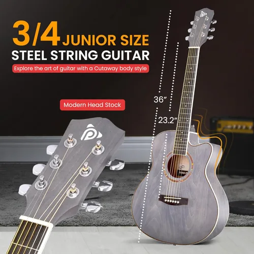 Miniatura 3 de Pyle Kit de guitarra acústica, 3/4 tamaño junior, instrumento de cuerdas de acero totalmente de madera para niños principiantes, adultos, 36 Gris