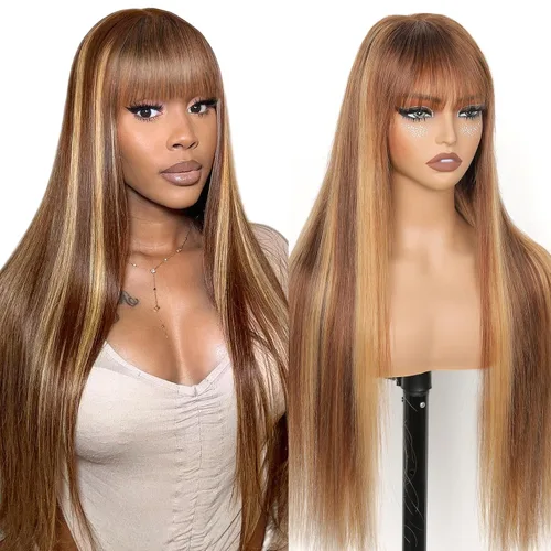 Miniatura 11 de Straight Human Hair Wigs with Bangs 180% Density 2x4 Lace Front Wigs with Bangs Closure Wear and Go Glueless Wigs 100% Brazilian Virgin Human Hair