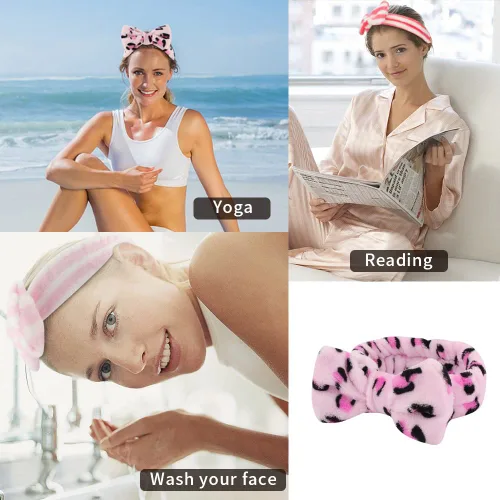 Miniatura 5 de WHAVEL Paquete de 6 diademas de spa rosadas, diademas de maquillaje, diademas de microfibra con lazo de microfibra, diadema facial de rayas de Tipo