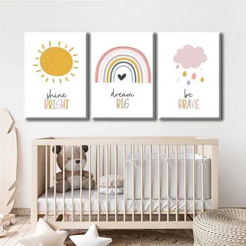 Miniatura 4 de LUHDFYS Arte de pared bohemio para cuarto de bebé, impresión de lienzo grande de ensueño, póster inspirador de nube de sol arcoíris, lienzo envuelto