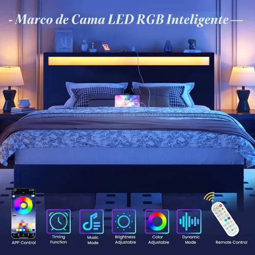 Miniatura 4 de Fluest Queen Bed Frame with Headboard & Footboard, Bed Frame with Built-in Charging Station & LED Light, Storage Shelf, Noise-Free, No Box Spring