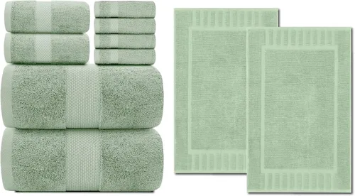 White Classic Juego de toallas de 8 piezas color verde claro [2 toallas de baño, 2 toallas de mano, 4 toallas faciales] y 2 tapetes de baño de lujo