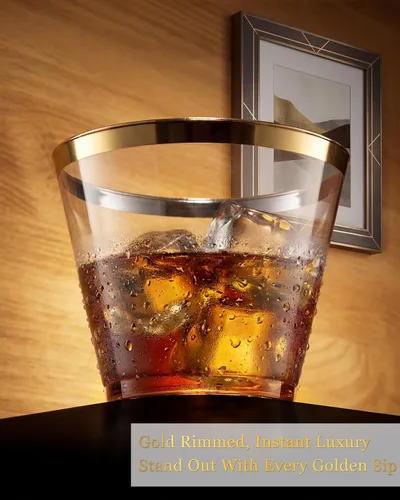 Miniatura 4 de Nervure 120 vasos de plástico dorados – Vasos de plástico con borde dorado de 9 onzas – Taza transparente desechable resistente con borde dorado