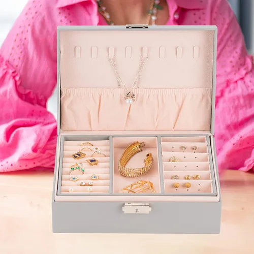 Miniatura 3 de Smileshe Joyero para mujeres y niñas, organizador de piel sintética con cerradura, 2 capas extraíbles de almacenamiento de viaje para anillos