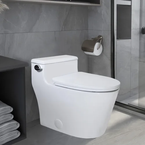 WinZo WZ5081 - Inodoro alargado de una pieza de perfil bajo, descarga lateral de alta eficiencia 1.28 GPF con asiento de cierre suave, color blanco