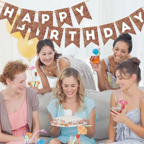 Miniatura 8 de Cartel de feliz cumpleaños marrón para telón de fondo, decoración de fiesta de cumpleaños marrón para niños y niñas, guirnalda de feliz cumpleaños