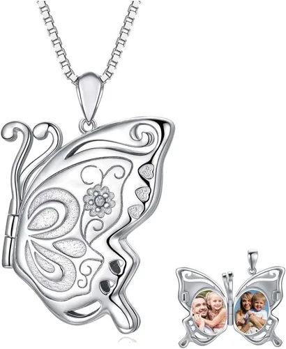 LONAGO Medallón de mariposalibélulaabejabúho que sostiene imágenes de plata de ley 925 con medallón de fotos de mariposa para mujer