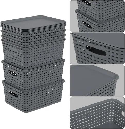 Miniatura 3 de Paquete de 6 cestas pequeñas de almacenamiento tejidas de plástico con tapa, canasta gris