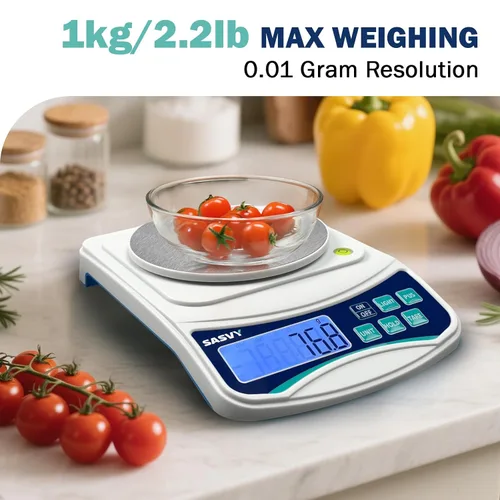 Miniatura 2 de Balanza Digital de Laboratorio 1000g x 0.01g, Balanza Analítica Electrónica de Precisión para Laboratorio, Joyería, Cocina, Incluye Peso de 100g y 2