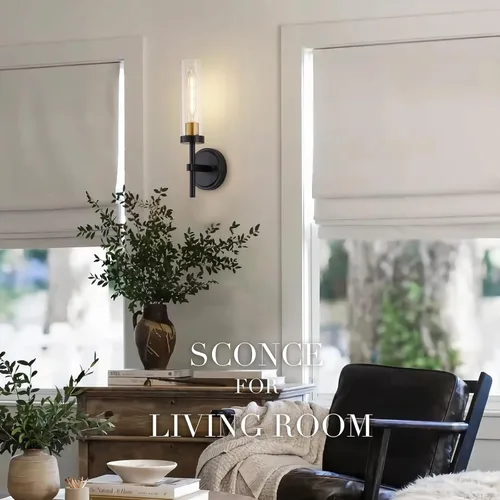 Miniatura 8 de Juego de 2 apliques de pared cableados negros y dorados, modernos apliques de tocador de baño con pantalla de vidrio transparente, luces de montaje