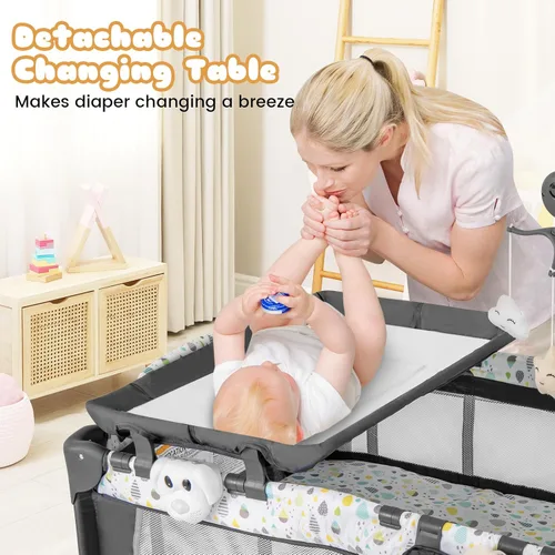 Miniatura 9 de BABY JOY 3 en 1 Pack and Play, Corralito Portátil para Bebé con Moisés, Mesa Cambiadora, Ruedas con Seguro, Caja de Música Luminosa, Cuna de Viaje