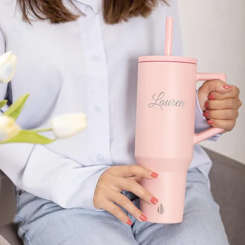 Miniatura 5 de Vaso personalizado de 40 onzas con asa y pajilla, taza de acero inoxidable personalizada para bebidas frías y calientes, taza de viaje con 2 popotes