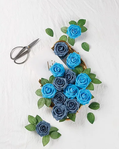 Miniatura 4 de DuHouse 25 rosas artificiales con tallos, flores de espuma de tacto real para bricolaje, ramo de boda, fiesta, centro de mesa, arreglo floral, Azul