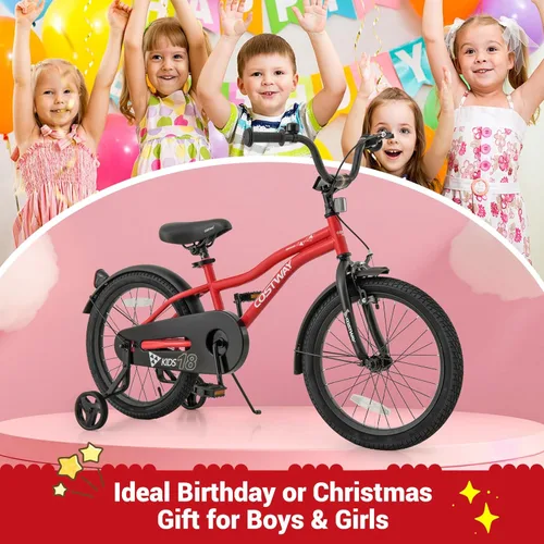 Miniatura 6 de COSTWAY Bicicleta para niños de 12/14/16/18 pulgadas, bicicleta para niños pequeños con ruedas de entrenamiento, asiento y manubrio ajustables, Rojo