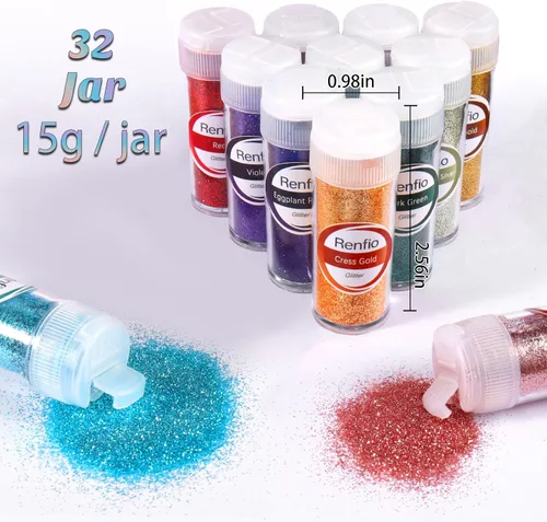 Miniatura 4 de Renfio Juego de Purpurina de 32 Colores, 16.93oz 480g Polvo de Purpurina Ultra Fino PET 1/128" 0.008" 0.2mm Suministros de Resina Purpurina Surtida