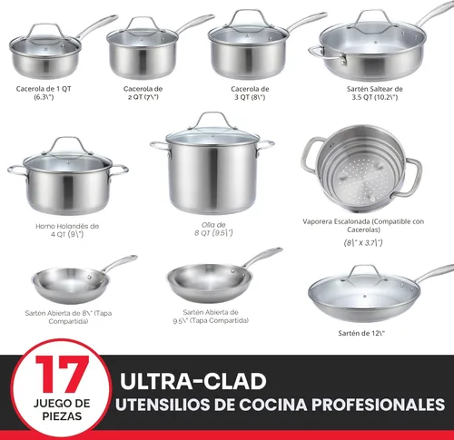Miniatura 5 de Mueller Juego de ollas y sartenes de 17 piezas, Ultra-Clad Pro Juego de utensilios de cocina de acero inoxidable, mango ergonómico EverCool, Plateado