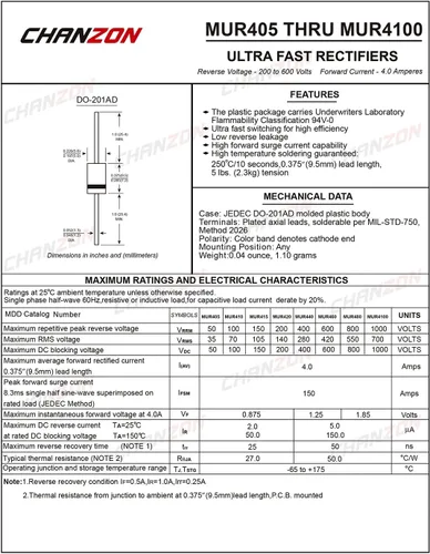 Miniatura 2 de Paquete de 20 unidades Chanzon MUR460 Diodo rectificador de recuperación súper rápida 4A 600V 25-50ns DO-201AD (DO-27) Axial 4 Amp 600 voltios