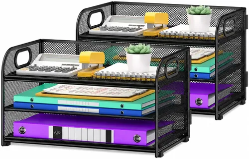 Miniatura 17 de Cawukege Organizador de papel de 3 niveles con asa, organizador de escritorio de metal, bandeja de cartas de papel de malla, carpeta de archivos