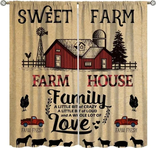 Miniatura 10 de Cortinas rústicas para ventana, molino de viento de granja, vaca, decoración del hogar, cortinas con estampado de animales de campo occidental