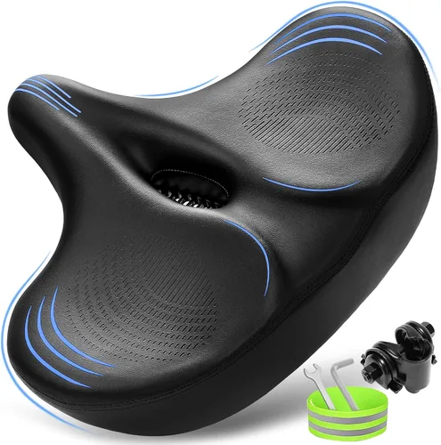 Miniatura 8 de CDYWD Asiento de bicicleta de gran tamaño para hombres y mujeres, cojín de asiento de bicicleta extra ancho, cómodo acolchado de ala, sillín